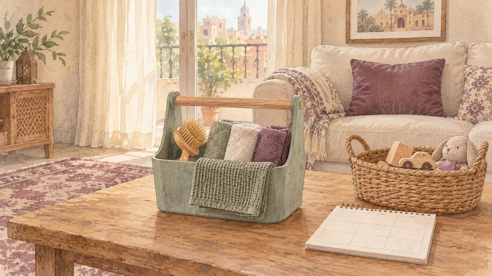 ركن بيت بسيط فيه سلة لعب وأدوات تنظيف وفوطة، لتقسيم شغل البيت على الأسبوع
