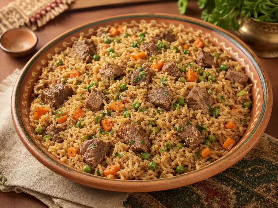 أرز بالبسلة والجزر ومكعبات اللحمة
