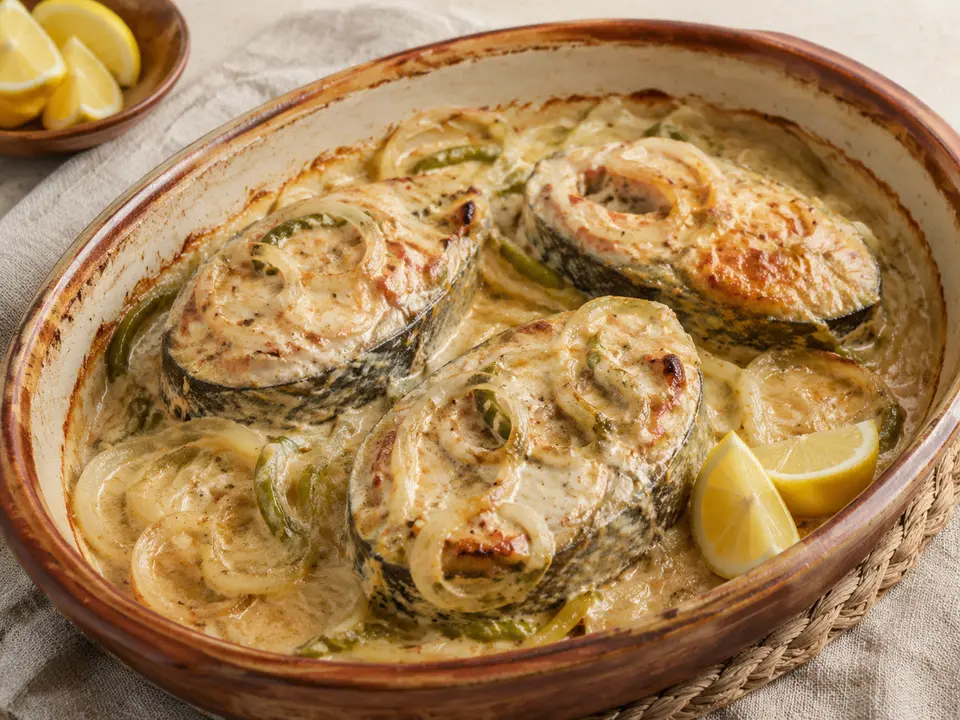 صينية سمك بوري بالطحينة والبصل