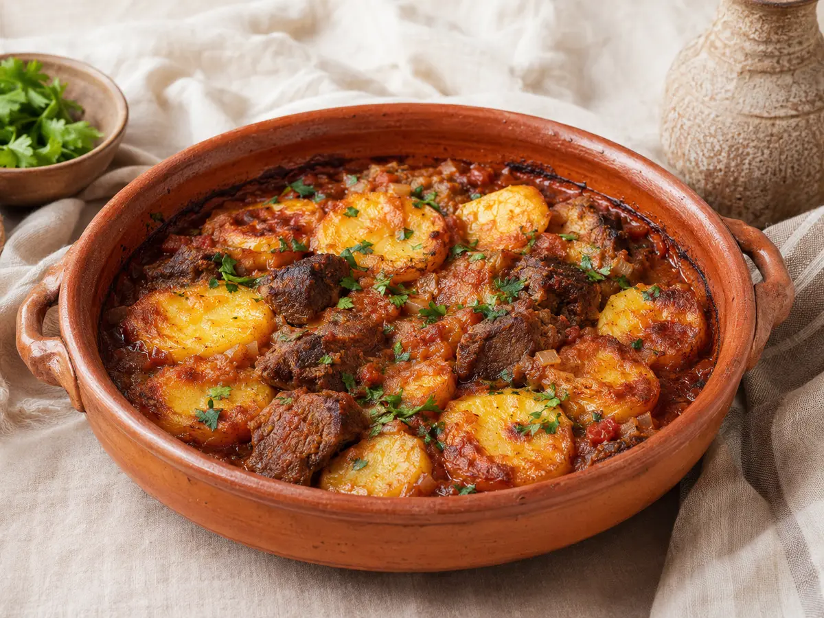 طاجن بطاطس باللحمة وصلصة الطماطم