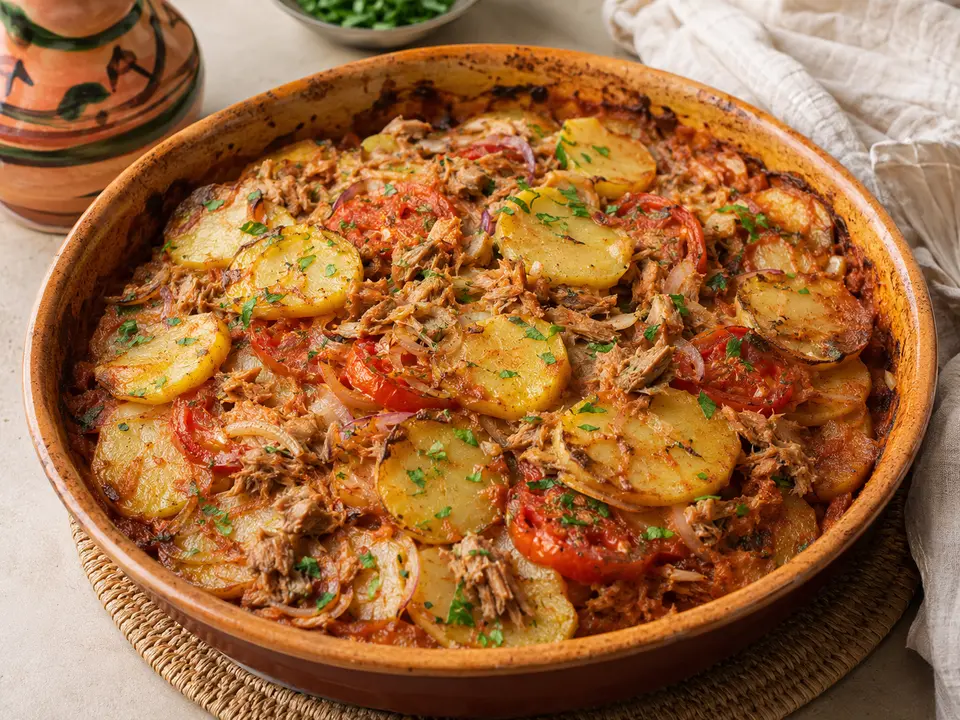 صينية تونة بالبطاطس والطماطم